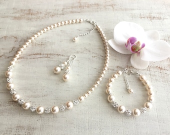 Wedding Pearl Jewelry, Bridal Pearl Jewelry Set, Bride Necklace Bracelet and Earrings, Daughter Wedding Gift from Mom and Dad