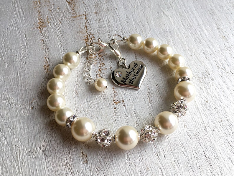 Mother of the groom gift from bride bracelet. Mother of the bride gift from daughter. Mom wedding gift. Pearl bracelet necklace jewelry set. image 2