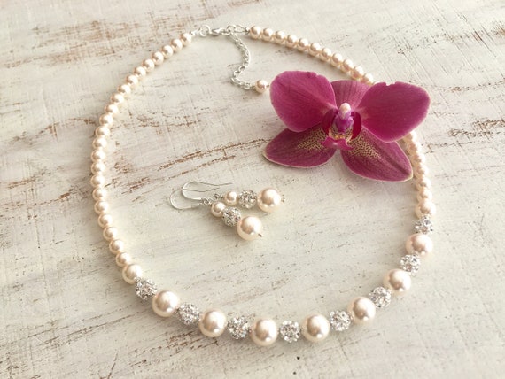 Set Gioielli Sposa Con Perle: Collana E Orecchini A Cerchio In Cristallo, Autiga, Argento
