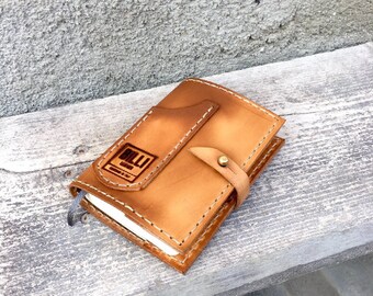 Notebook holder, pen holder, in aged leather