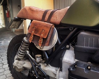 Werkzeugtasche für Motorräder, aus Leder, mit Messingschnallen