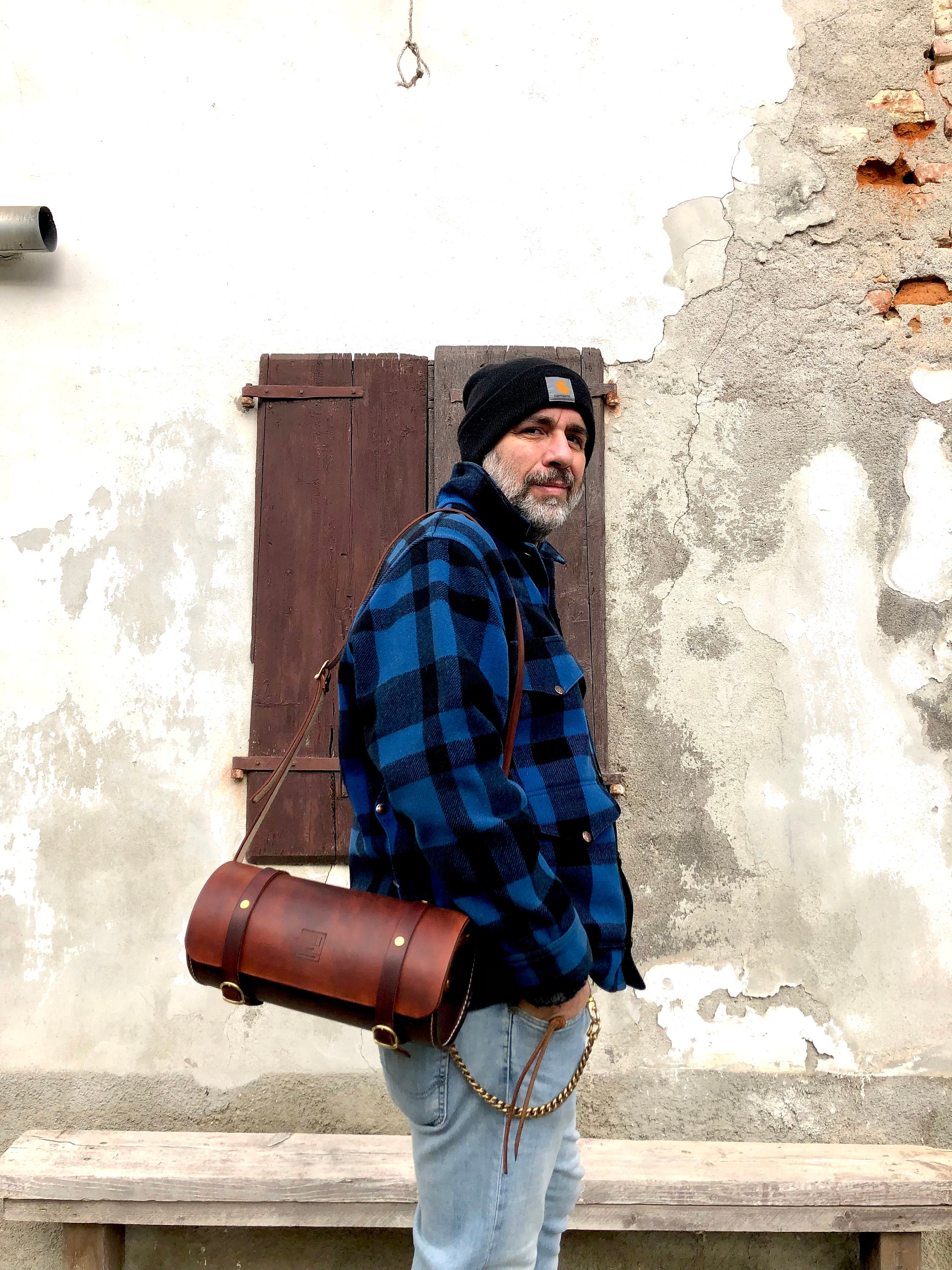 Cylindrical Bag in Leather, With Brass Buckles for Everyday Use