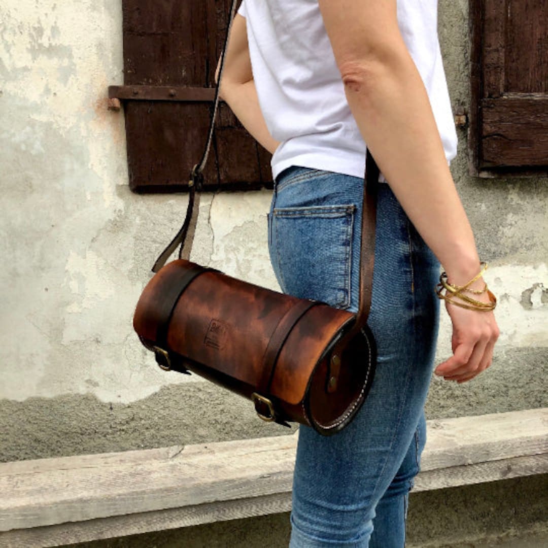 Cylindrical Bag in Leather, With Brass Buckles for Everyday Use