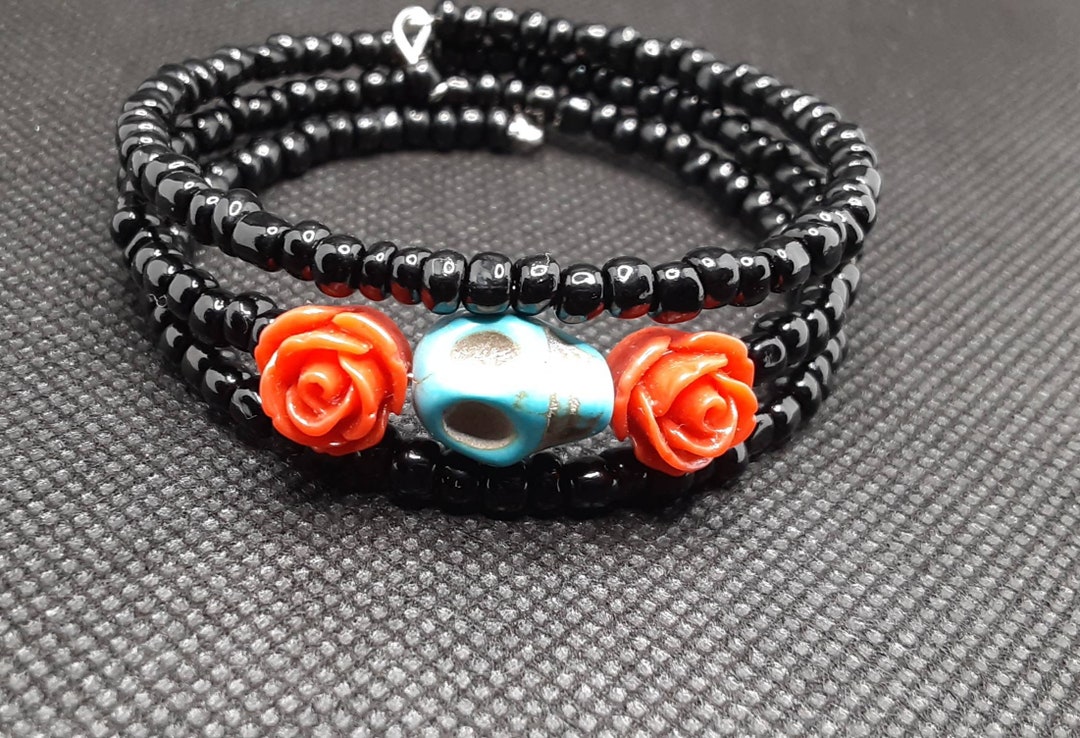 Day of the Dead Bracelet Wrap Around Memory Wire Black Glass E - Etsy