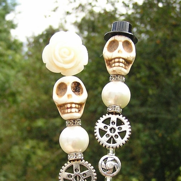 Day of the Dead Frida  Wedding Cake Toppers  Bride Groom Grooms cake Made to Order Big Skulls Steampunk gears