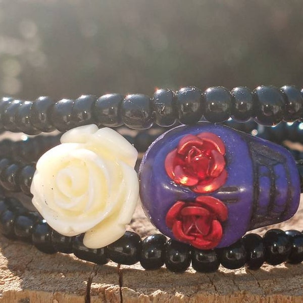 Day of the Dead Bracelet Wrap Around Mini cream rose purple 18mm skull Black glass E Beads Frida Memory wire 3 loops red rose eyes NEW!