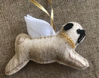 Handmade felt Pug Angel ornament *made to order