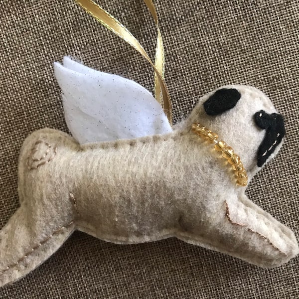 Handmade felt Pug Angel ornament *made to order