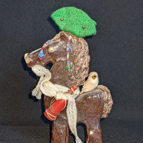 WHIMSICAL HORSE or Pony figurine statue ceramic decorated Mexican Party SIGNED 4" height