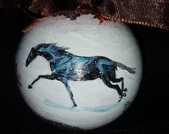GALLOPING BLACK Horse in the Snow HANDPAINTED on Copper Color Glass  1 7/8” Ornament