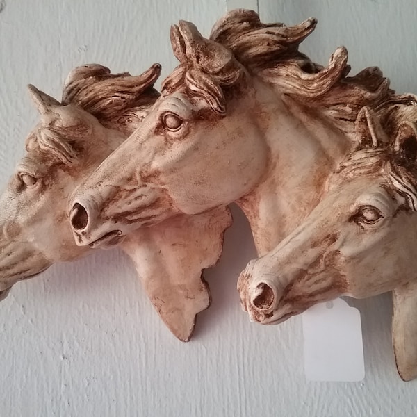 BAS RELIEF 3 horse heads wall hanging horse ART classic about 10 x 6"