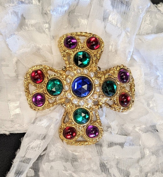 Cross PIN BROOCH with Pearls & Multi Color GEMSTO… - image 1