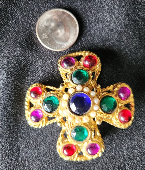 Cross PIN BROOCH with Pearls & Multi Color GEMSTO… - image 2