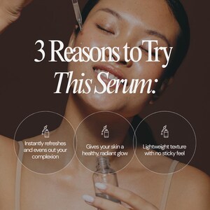 May include: Image promoting a skincare serum. Text reads "3 Reasons to Try This Serum:" with benefits: refreshes complexion, gives radiant glow, and has a lightweight texture. The Etsy shop URL is included.