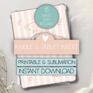 Könnte beinhalten: Eine Tablet-Hülle mit einem rosa-weiß gestreiften Design. Die Hülle hat eine dekorative Illustration einer Teekanne und Blättern. Der Text auf dem Bild lautet "Kindle & Tablet Insert", "Printable & Sublimation" und "Instant Download".