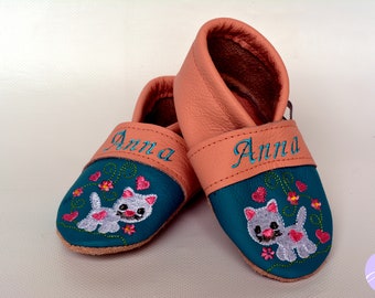 Handmade Lederpuschen Kinderschuhe Babyschuhe Katze