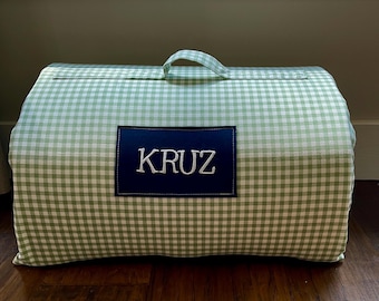 green gingham check personalized day care nap mat with navy minky dot