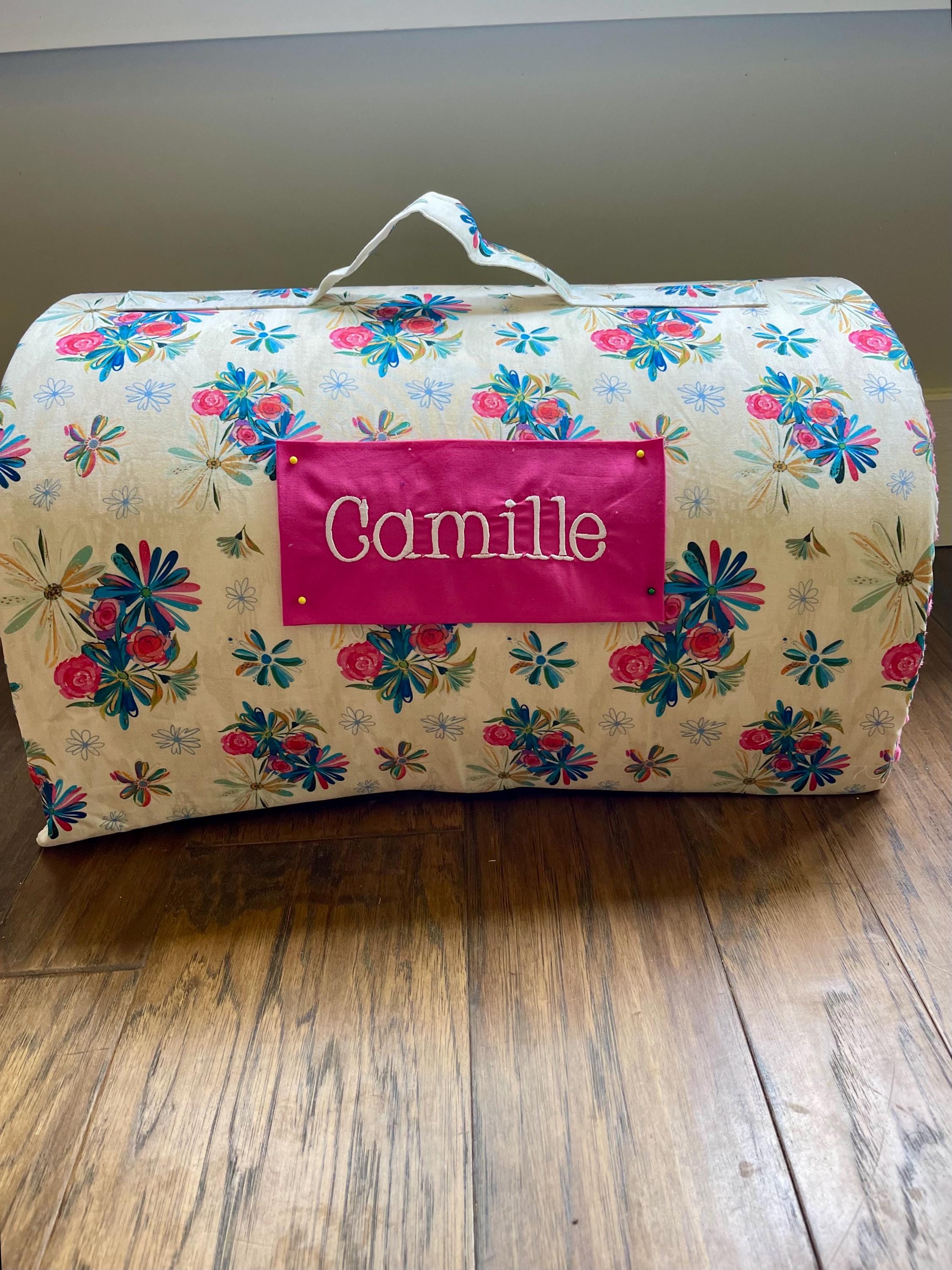 1, 1.5 or 2 inch foam personalized  day care kindergarten nap mat.  Star burst floral  with pink minky dot blanket