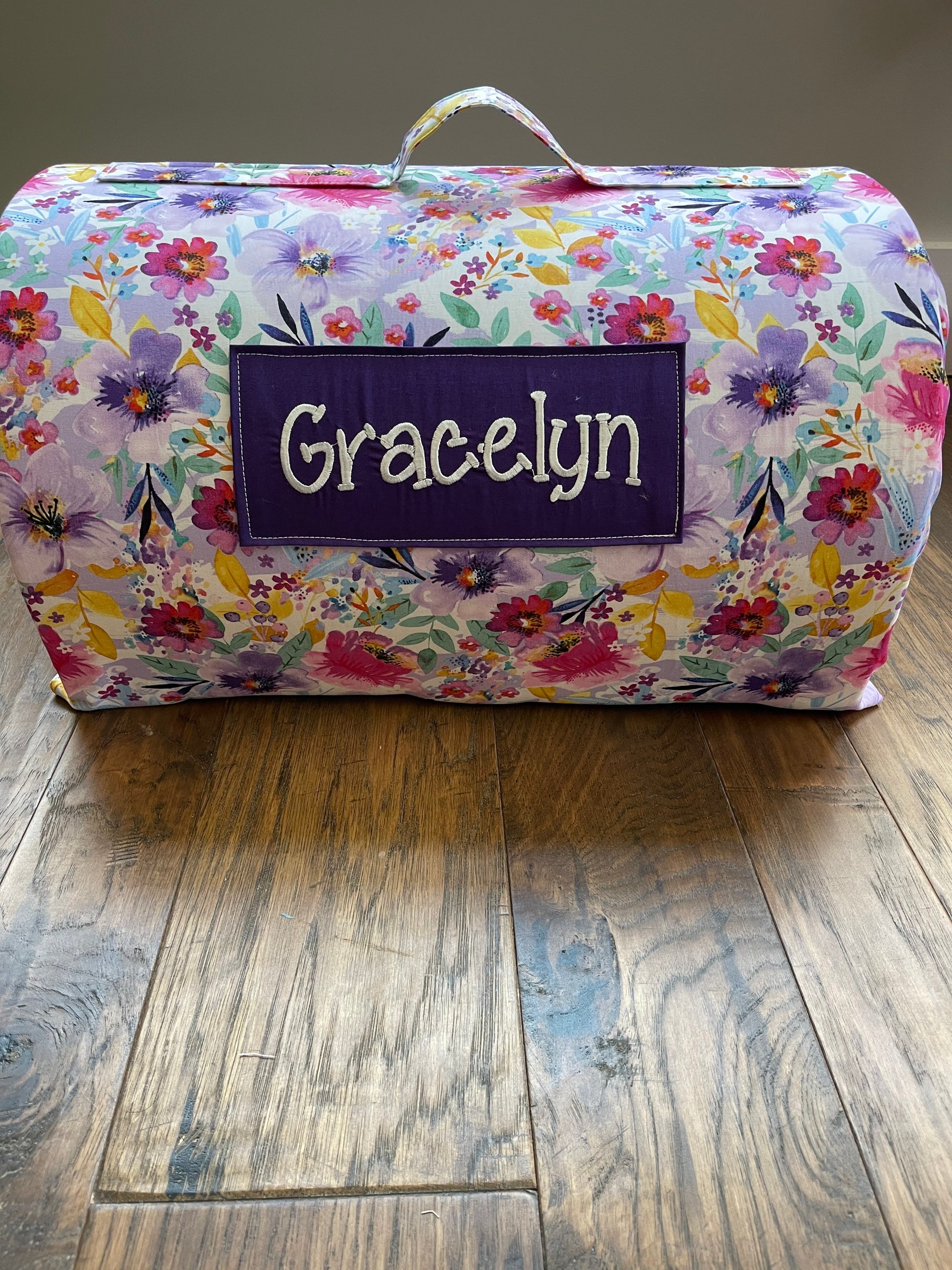1, 1.5 or 2 inch foam personalized  day care kindergarten nap mat, preschool, sleep mat. Lavender floral double layer minky blanket