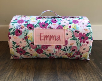 1.5 or 2 inch foam personalized day care kindergarten nap mat. Floral. With single layer fleece blanket