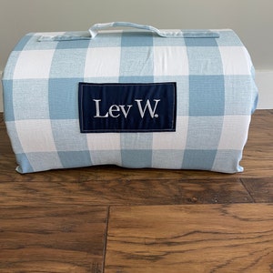 1.5 or 2 inch foam personalized  day care kindergarten nap mat sleep mat kindermat in cashmere blue white plaid with navy minky dot blanket