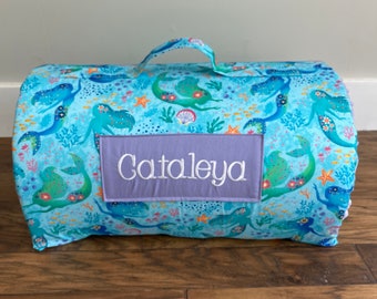 1, 1.5 or 2 inch foam personalized  day care kindergarten nap mat, sleep mat mermaid on  with  lavender minky dot blanket