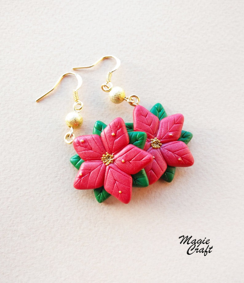 Poinsettia Christmas Earrings Handmade in Polymer Clay image 1