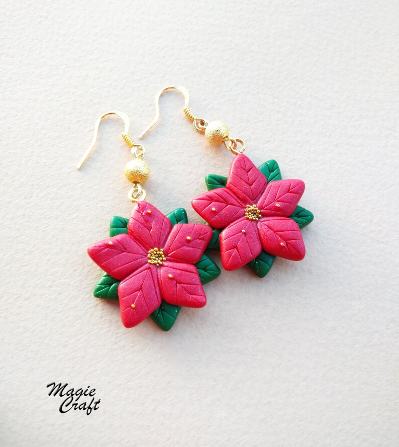 Poinsettia Christmas Earrings Handmade in Polymer Clay image 2