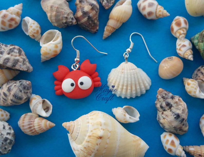 Crabs or Crab and Seashell Earrings Handmade in Polymer Clay Etsy