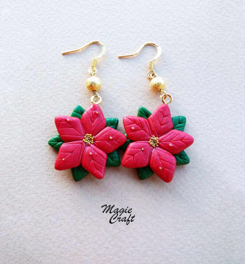 Poinsettia Christmas Earrings Handmade in Polymer Clay image 3