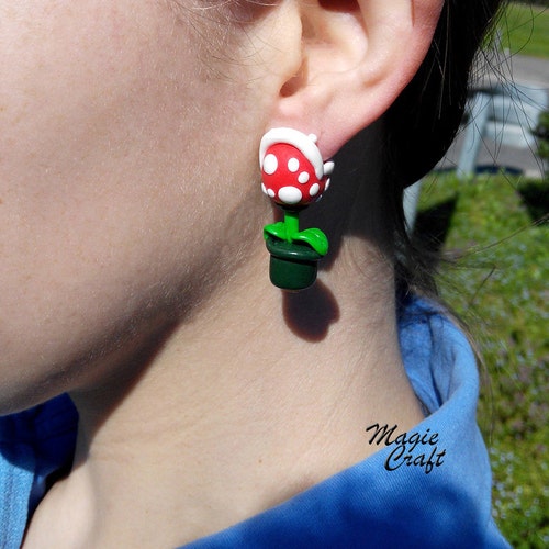 Super Mario Piranha Plant Earrings - Handmade in Polymer Clay