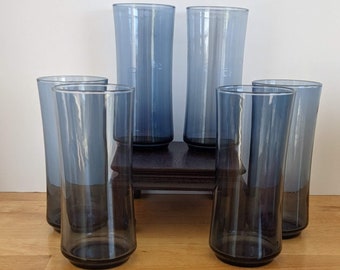 Six Blue Smoke, Bolero, tall glasses (16 ounce) by Libbey, sexy 70s glassware in great condition--super pretty, super usable, SUPER!