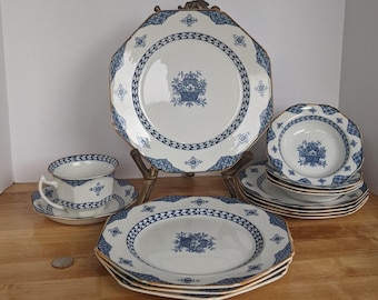 Beautiful, highly collectible Blue Bombay by Wood & Sons of England, 14 pieces, dark blue flowers and basket, mustard trim