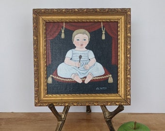 Charming vintage portraits in oil re-imagined from antique baby portraits--this charmer is holding the proverbial silver spoon!