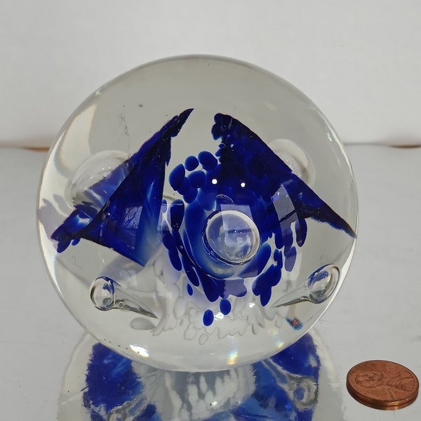 Signed & marked Joe Zimmerman large paperweight with three cobalt blue "flowers" on smattering of snow white frit, very nice condition.