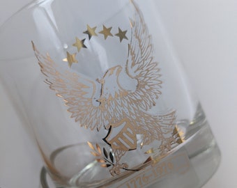 An American Eagle & Stars featured on four rocks or tumbler glasses, made by Libbey to celebrate the USA's Bicentennial, 1776-1976