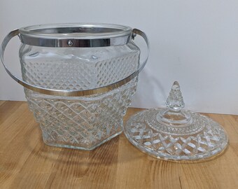 Classic, large covered crystal bin...useful for many purposes but intended to be an ice bucket. Wexford pattern Anchor Hocking beauty.