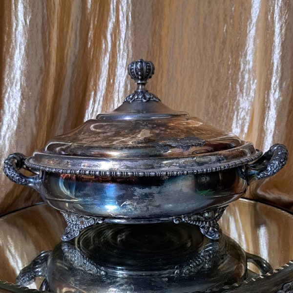 Toronto Standard Silver Company Tureen (4 pieces) crown finial, egg & dart trim, flourishes and style. Includes base, liner, rim and lid.