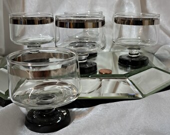 Five Stunning dessert glasses with wide platinum bands and smokey bases...great for berries, charcuterie gems, cocktails or ice cream. Posh!