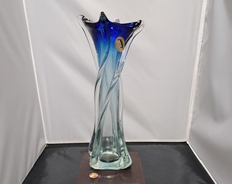 Undulating pale aqua building to bold, deep cobalt, this tall, twisted J.I Co. Venetian Murano vase is art nouveau, sexy & pure!