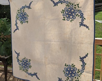 Sturdy, woven linen embroidered with three shades of blue asters...likely 1950s, excellent handiwork.