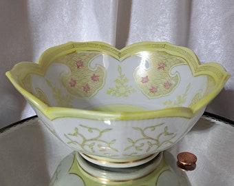 Very uncommon lotus bowl in chiffon yellow, pink and gold with waves, lotus, vines and beautiful edgework. Perfect for fruit, foyer, shelf,