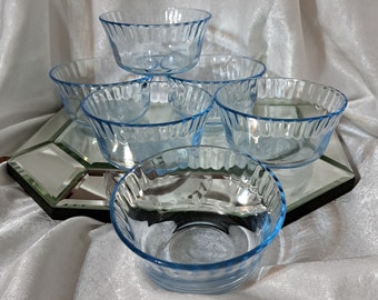 Six luminous, airy, pure aqua glass bowls or ramekins, by Colorex of Brazil. Each measures 4" across, 2" tall and holds just over one cup.