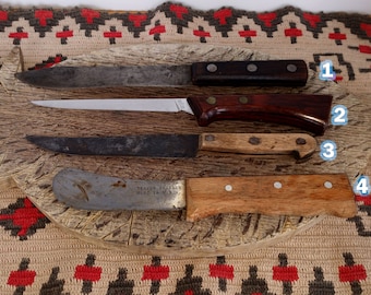 Your choice of four steel bladed (sheaths, carbon & French) vintage hunting, skinning, butcher, slicing or carving knives. See details.