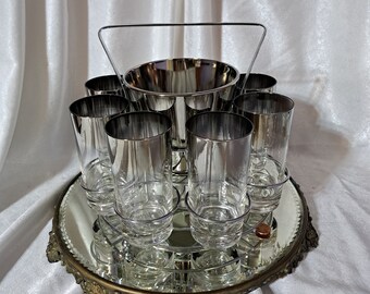 So chic! Ombre Platinum glasses (8) and ice bucket in wonderful condition, Queen's Vitreon  Lustreware Platinum Fade.