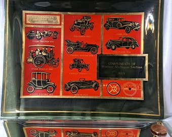 Mid Century Men's Dresser Tray features antique cars, "Automobiles Through the Year" 1771-1930, Compliments of Western Michigan Section AWS