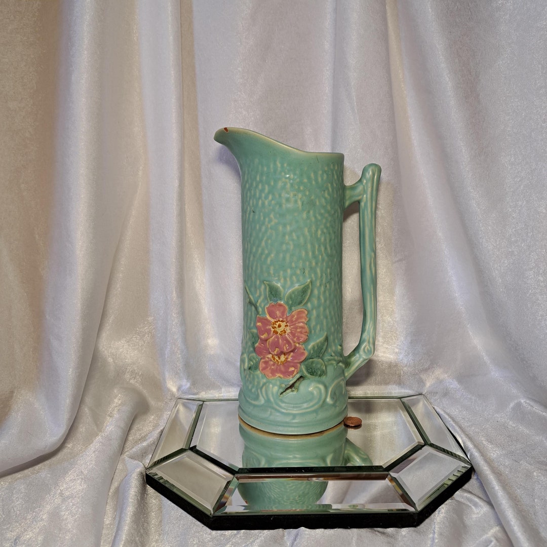 Beautiful Weller Vase With a Cherokee Rose and Twig Handle in Seafoam ...