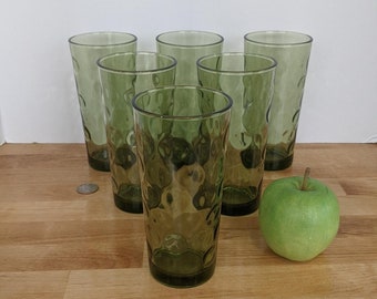 Six 14 ounce Hazel Atlas/Continental Can Glasses in early, grass green with optic dots, very lush and inviting look, tall and well balanced.