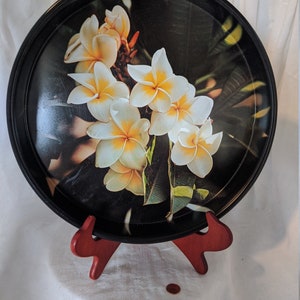 White & Yellow Plumeria Hawaiian metal bar tray from the 1970s, so pretty and useful. image 1