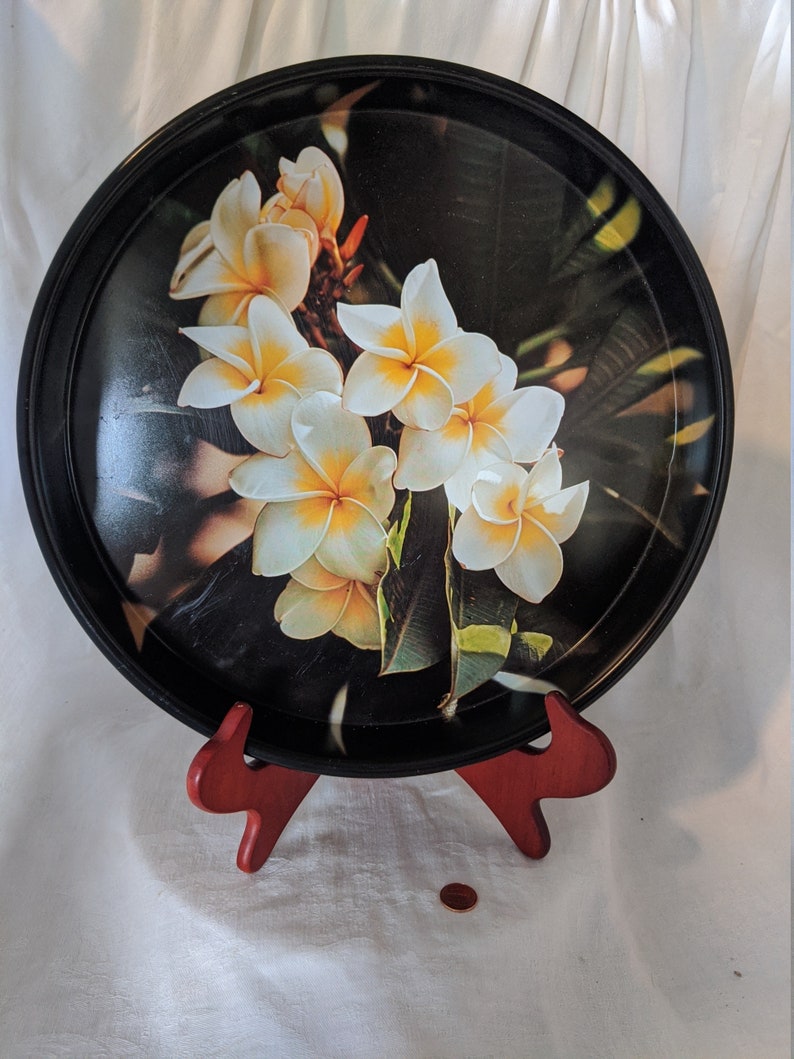 White & Yellow Plumeria Hawaiian metal bar tray from the 1970s, so pretty and useful. image 1